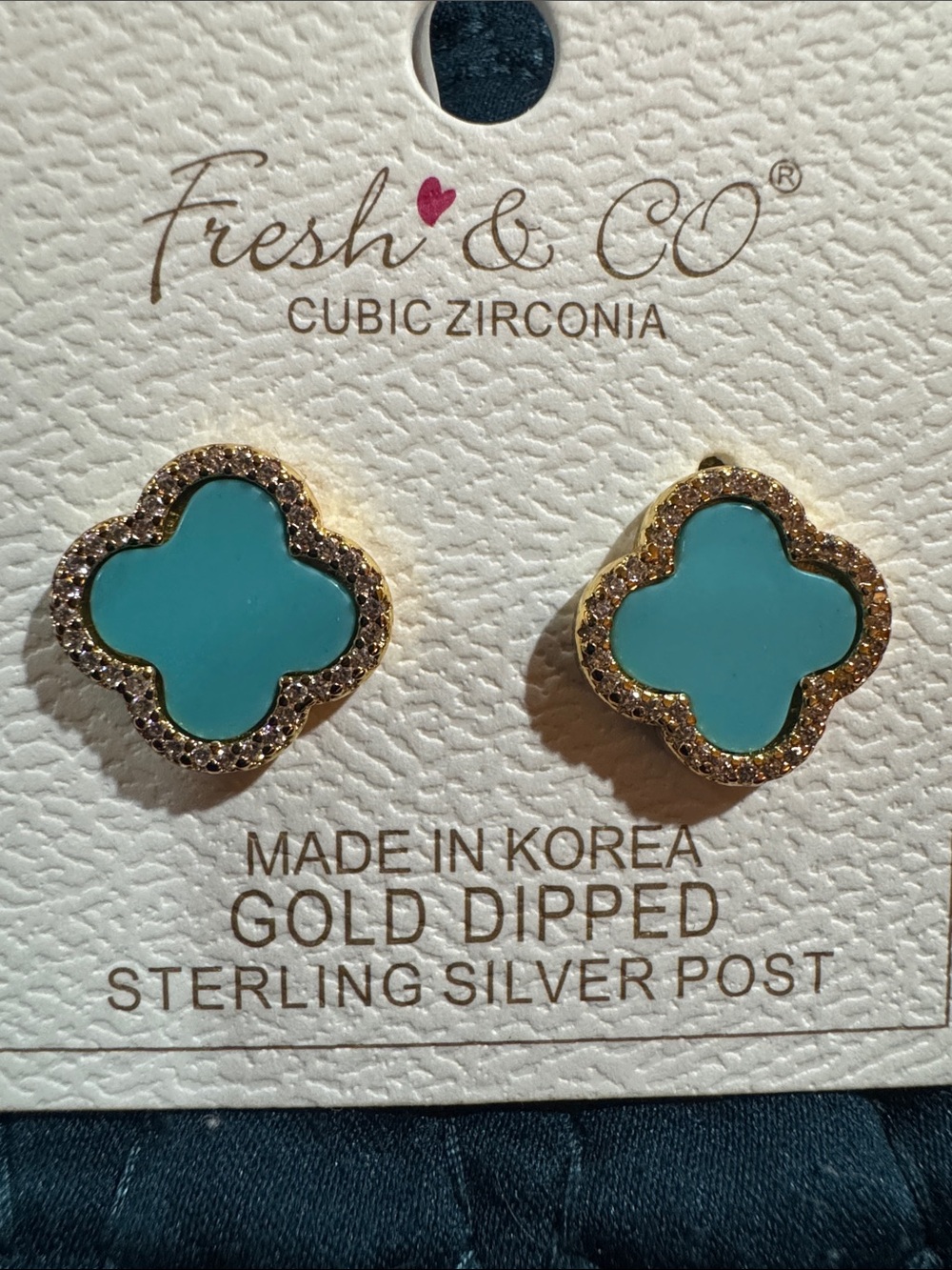 Fresh & Co Gold-Dipped Turquoise Quatrefoil Clover Earrings CZ Gold Dipped SS